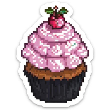 pixel art cupcake with pink icing and a cherry on top sticker