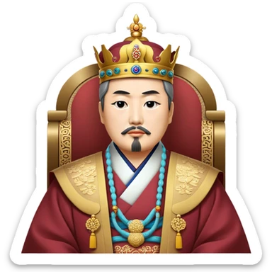 Cinematic Realistic King Sejong Portrait Emoji, depicted as a wise benevolent monarch in traditional Korean royal attire with a thoughtful gaze, rendered with intricate textures and regal soft lighting that captures his historical significance. sticker