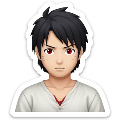 Sasuke Uchiha. White low cut shirt, dark hair, Sasuke hair, red eyes sticker