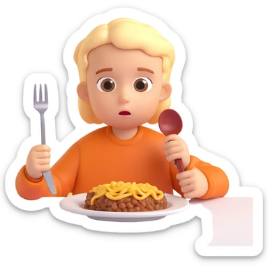 A stylized 3D character of a 6-year-old child sits at a table, looking bored at a plate of macaroni and a meat patty, absentmindedly poking the macaroni with a fork. sticker