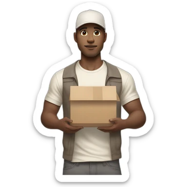 Pale skinned fit Man with dark brown hair in a beige cap, gray jeans, brown polo and white T-shirt keeping a pasted with tape white box into his hands sticker