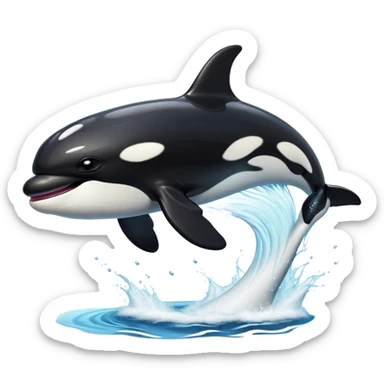 Meme-Worthy Breaching orca Portrait Emoji, Bursting powerfully out of the ocean with an impressive, high-energy leap, showcasing a sleek black-and-white body glistening with water droplets and dynamic, arched posture, Simplified yet exhilaratingly expressive features, highly detailed, glowing with a vibrant marine energy, high shine, bold and full of life, stylized with an air of untamed ocean spirit, soft glowing outline, capturing the essence of an orca mid-breach, radiating pure, unstoppable aquatic power! sticker