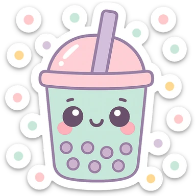 kawaii style boba tea, adorable face on the cup, pastel background, blushing cheeks, playful and cute sticker