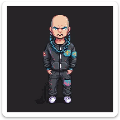 Pixel art thug in tracksuit, holding chain, bald head, angry expression, side view, retro arcade sprite
 sticker