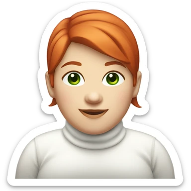 smiling red short haired chubby female with green eyes dressed in white turtleneck sticker