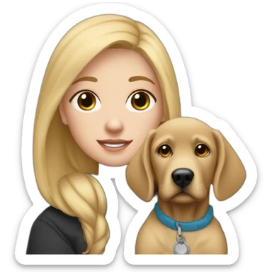 A blonde girl  with blues eyes, with smooth hair and a ray,she has light skin a few freckles, and she wear a hoodies and she Carries in his arms a black baby labrador dog  sticker