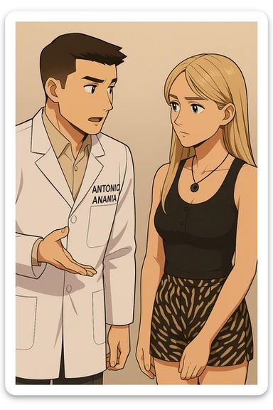 fai un webtoon/manga a colori con questo kinesiologo in camice bianco (fagli la scritta "ANTONIO ANANIA" SUL CAMICE) CHE PARLA CON QUESTA RAGAZZA CON GLI OCCHI AZZURRI. la ragazza gli fa una domanda e IL KINESIOLOGO CON IL CAMICE BIANCO LE risponde. NON FARE I FUMETTI, FAI SOLO LORO COME SE DIALOGASSERO sticker