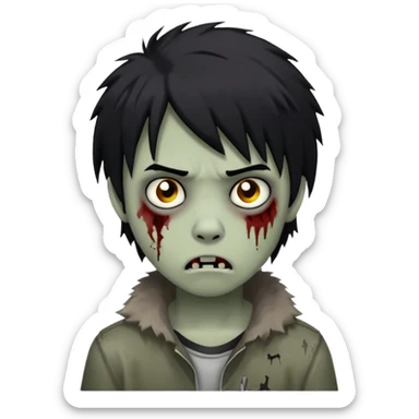 Boy, zombie, black hair, medium long,wolf cut, emo, shaggy, dark, spooky, creepy expression,sad sticker