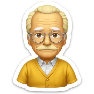 A 3D cartoon close-up of Grandpa Abe Simpson from The Simpsons, rendered in Memoji-style with bald yellow head, white tufts of hair on the sides, wrinkled face, glasses, and warm lighting. Match the Simpsons family color tone and style, yellow dress. sticker