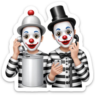 two mime clowns using tin can telephone sticker