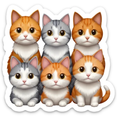 6 cats with different coloured coats, 2 are grey and white, 1 is grey with a little white, 1 calico, 1 brown tabby and white and one ginger and white sticker