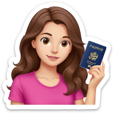 A young woman with long, wavy brown hair She is wearing a vibrant pink t-shirt. She is making photo for the passport sticker