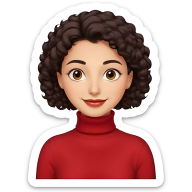 30 yr iranian woman dark brown hair curly wavy short hair, red turtle neck sweater, very thick eyebrows, light skin sticker
