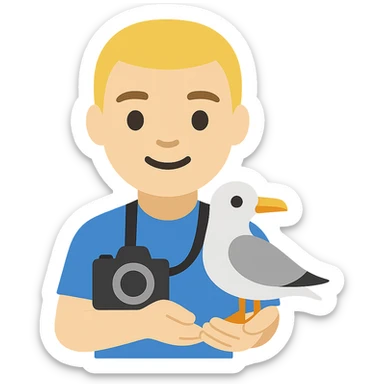 Minimalist emoji-style illustration of a smiling photographer holding a seagull in their hands and a camera around the neck. Simplified, clean lines, vibrant colors, small size sticker