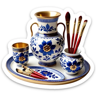 Metal painting icon, a metal vase, tray and one metal cup with 3 brushes, each decorated with different techniques: Gzhel-style blue floral patterns, Chinese red and gold designs, and intricate Golden embroidery-style details. Visible fine paintbrush, paint pots, and accessories like porcelain palette, minimalistic style, clean lines, transparent background. sticker