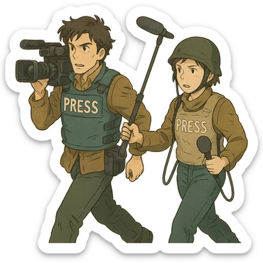  walking from left to right across frame: a cameraman, and a microphone operator, ONLY two people, war correspondents, tense moment sticker