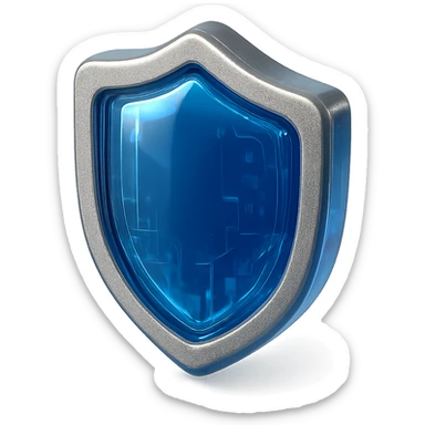 shield facing exactly straight forward, simplified design, deep rich blue glass-glossy center with no texture, metallic border, no point at the top, no symbols, no sword sticker