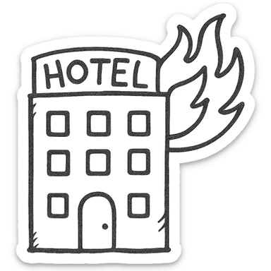 fire hotel, hand drawn outlined icon style, sketchy and playful sticker