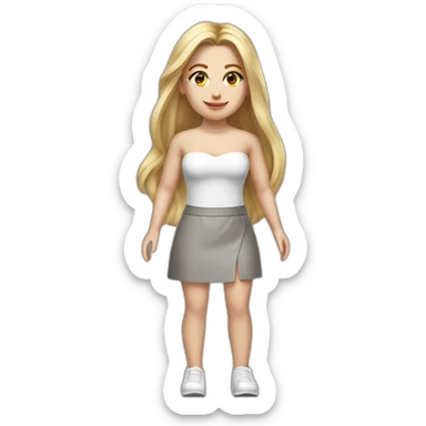 hyperrealistic caucasian long blonde hair brown eyes woman white v-neck strapless top gray tight mini skirt walking towards camera sticker