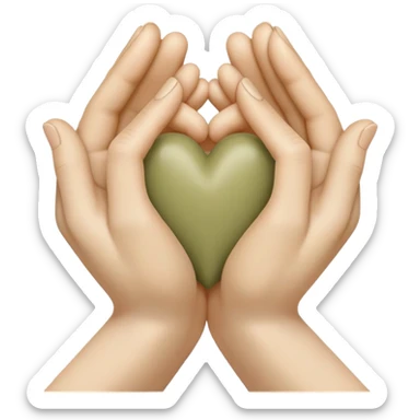 Hands joined in prayer with a pale olive heart sticker