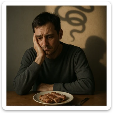 realistic scene: man with depressed expression sitting at table, plate of pork meat in front, shadow of a tapeworm wrapped around head, psychological atmosphere, 4K quality sticker