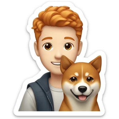 Ginger boy with brown eyes and wide brows 12 years smiling with dog shiba inu  sticker