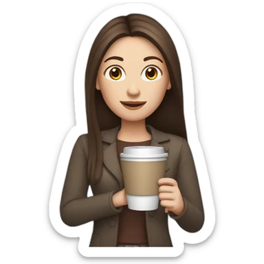 woman with long straight brown hair and pale skin holding a laptop and a coffee mug sticker