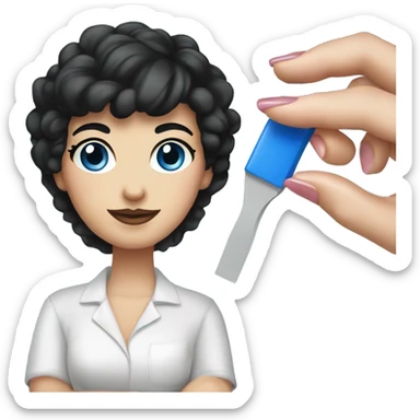 manicure master with a square of black hair,white skin,blue eyes in the hands of a nail file and nail polish sticker