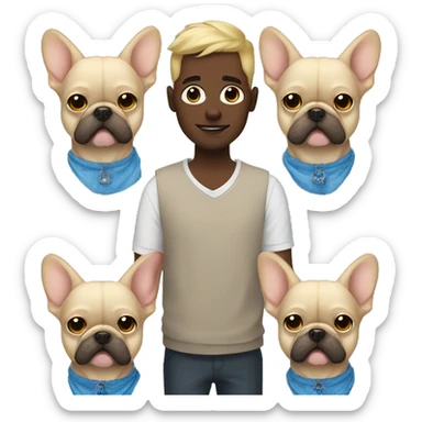 Man with blue eyes holding a blonde frenchie and a fluffy dark one  sticker