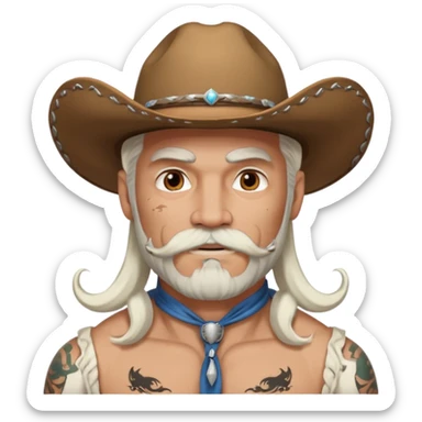 muscular tattooed on face and mustached cowboy long white hair and beard  sticker