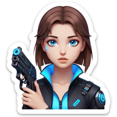 Neon cyberpunk style 
girl with brown hair and blue eyes 
shoots sticker