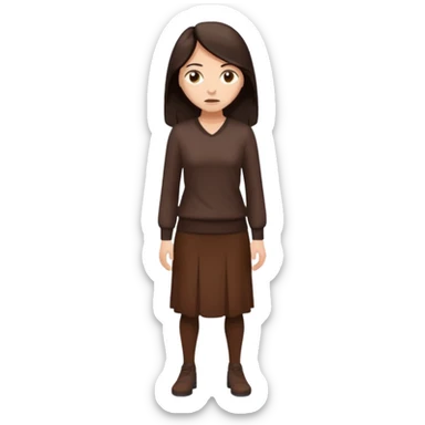 =Cartoon emoji of a woman with long, loose dark hair, wearing chocolate-colored clothes. Full-height, standing, nervous, unsure, worried expression. Slightly hunched, anxious posture. Smooth, simple, stylized sticker