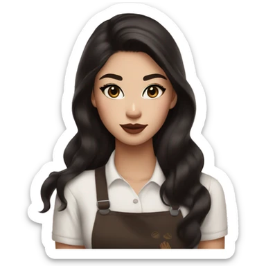 Beautiful half white half asian starbucks barista with long dark brown hair and cat eye makeup and glossy lips and blush sticker
