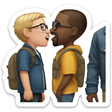 A white boy standing next to Kanye west, and Kanye west is giving his a kiss on the cheek, the boy is looking at the camera and Kanye west is looking at the boy, and another boy who is the same age with glasses is screaming sticker