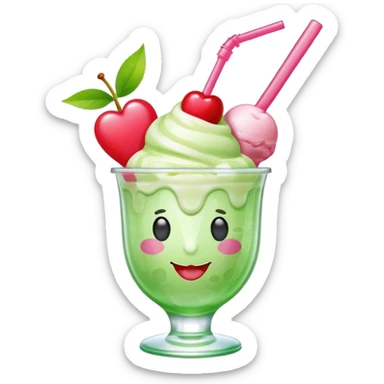 Create an emoji with a clear rounded glass, bright transparent green soda, vanilla ice cream scoop, two red cherries, pink heart-shaped straw, simple shapes, bright colors, glossy, kawaii style, centered, transparent background
 sticker