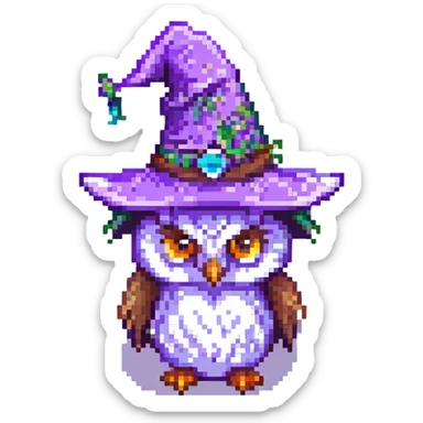 owl with a purple wizard hat and stars pixel art sticker
