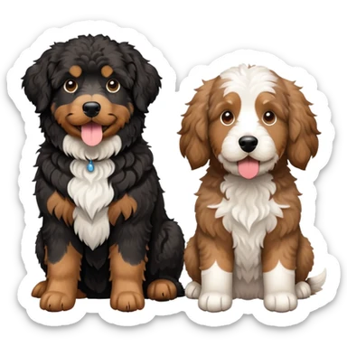 2 dogs, one is a light brown Aussie doodle. the other is a All black Berenedoodle with white eyebrows . Make both same size sticker