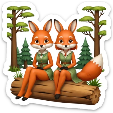two forest women dressed as fox and rabbit sitting together on log sticker