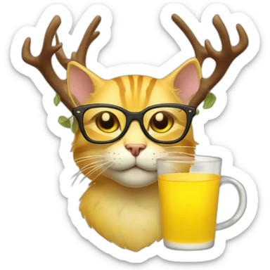 yellow cat with deer antlers and glasses drinking a cup of yellow liquid sticker