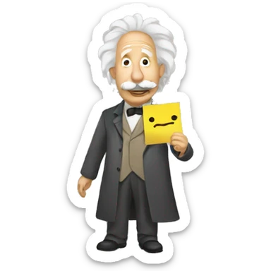 happy albert einstein holding Sticky Note with "New" Written on It in one hand sticker