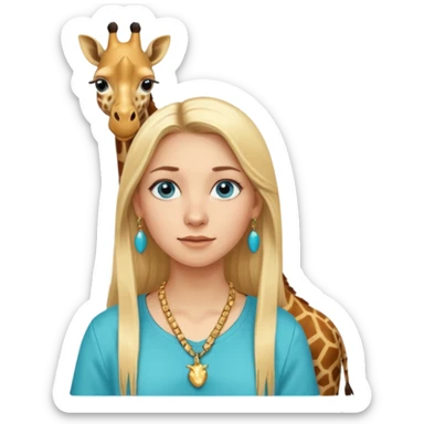 Swedish girl blonde long straigt hair blue eyes turqoise shirt gold earings girrafe necklace gold small sticker
