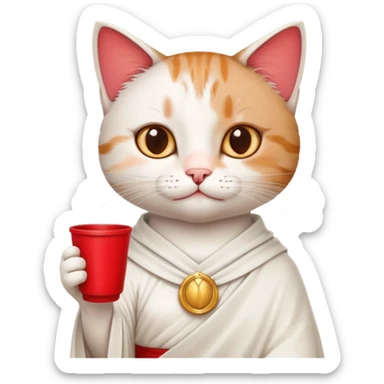 cat wearing a toga, holding a drink, classic college party look sticker