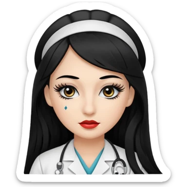 Nurse, long hair,black hair, black eyes, false eyelashes, makeup, eyeliner,  sticker