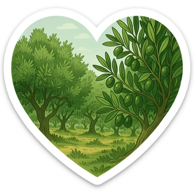 heart with a lush olive grove, clean digital illustration sticker