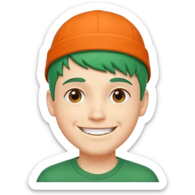 white guy with big smile, short green hair, orange cap worn backwards, street style fashion sticker