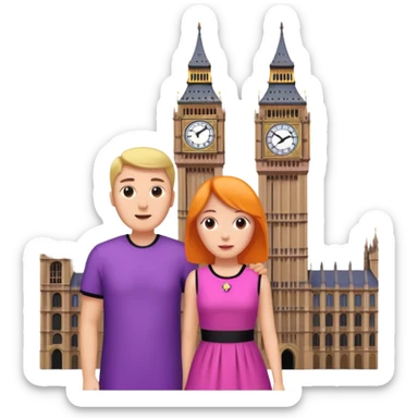 London Big ben with couple facing it keep couple dress colourful pink,purple,orange,black sticker
