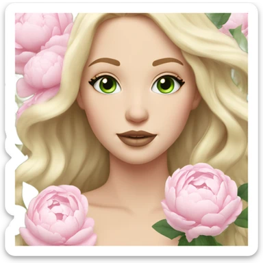 White girl with long light blonde hair and green eyes with light pink peonies in hair white skin light pink lips sticker