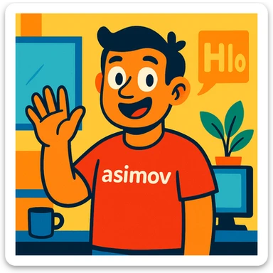 an office worker wearing a red t-shirt with the word 'asimov' printed on it, waving and saying hello, friendly expression, simple background, vibrant toon style sticker