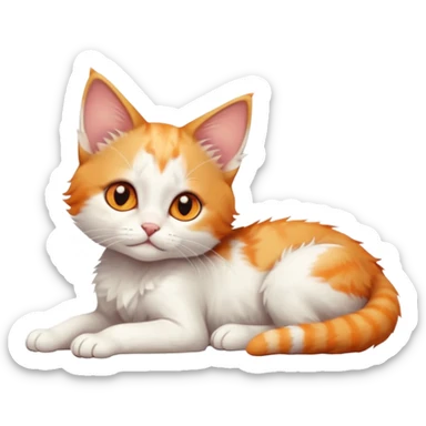 full body of very small + skinny ginger and white kitten with deep orange eyes and triangular shaped face lying down with bent front paws sticker