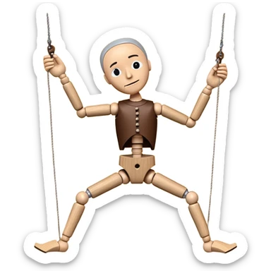 3D render of Broken Puppet as a wooden marionette puppet, Strings cut, slumped over, silver metal screw joints at elbows and knees, polished brown wood texture, rigid toy pose, emoji style, isolated on white background --v 6.0. sticker